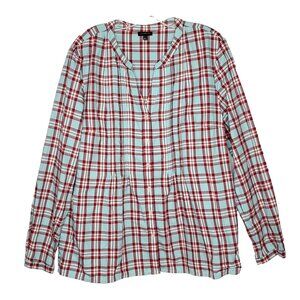 Talbots Plaid Top Shirt L Blue Red V Neck Pin Tuck Pleats Button Front